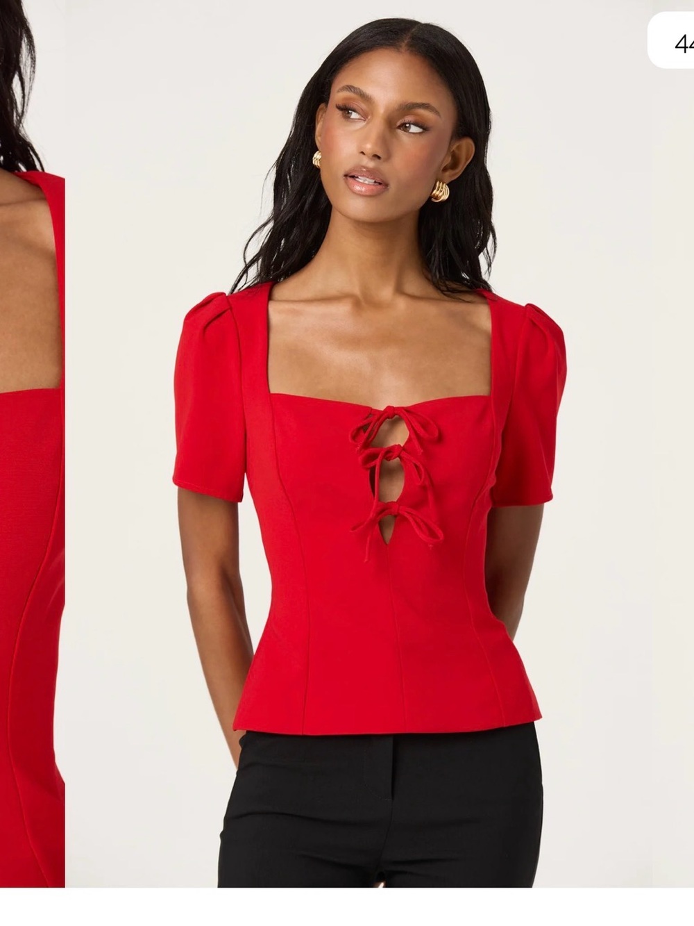 Astr Red Square Neck Tie-Front Puff Sleeve Top